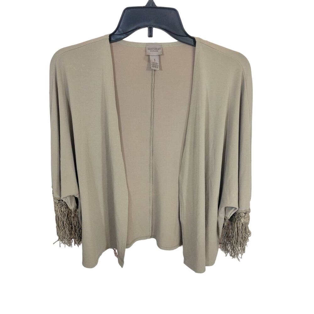 Chico's Tan Open Front 3/4 Sleeve Fringe Cardigan Jacket SZ 1 (medium 8)